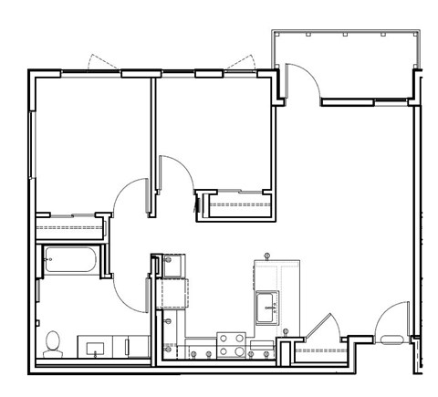 Floor plan for 2 beds, 1 bath, 839 sqft